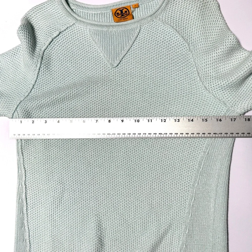Tory Burch Crew Neck Waffle Knit Sweater Ice blue Raglan Sleeve Pullover Women M